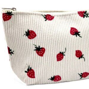 Cream Corduroy Strawberries Strawberry Pattern Zippered Pouch Makeup Travel Bag